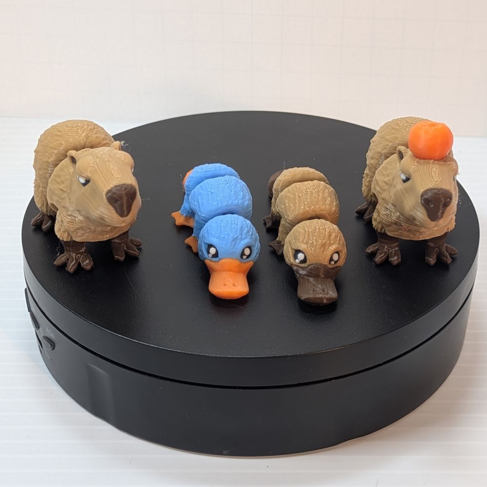 Four 3D printed critters, with articulation on their legs, necks, and middle of their bodies. From left to right, there's a brown capybara, a blue platypus, a brown platypus, and a brown capybara with a yuzu fruit on its head.