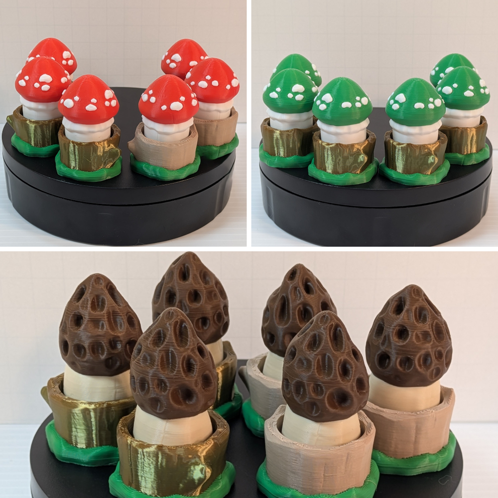 An image in three parts, with two squares at the top and a longer picture at the bottom. The top two pictures are 3D printed mushrooms in a tree base, one red and one green. The bottom is a batch of clicker mushrooms, styled like a Morel.