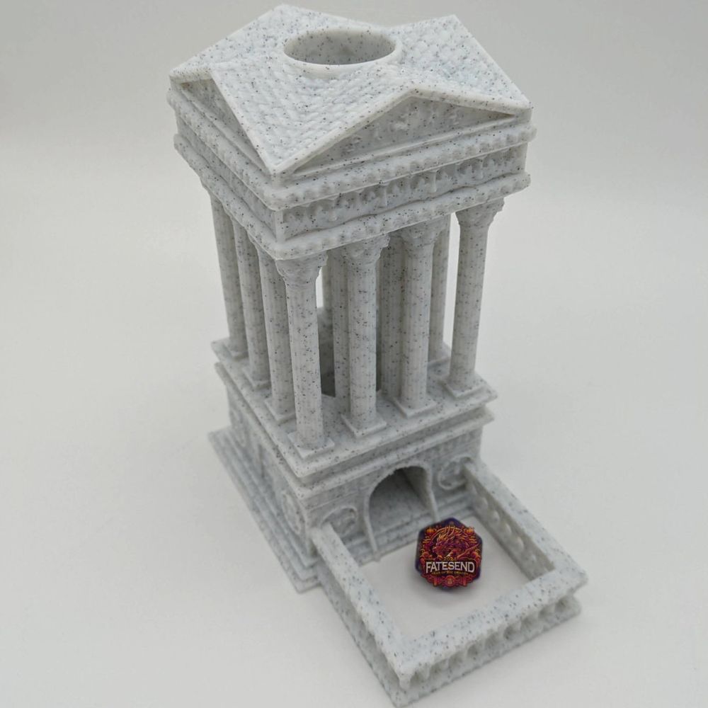 A shot from above of the 3D printed dice tower, in the shape of a Grecian temple. The filament is a marble-like color, and there are columns everywhere.