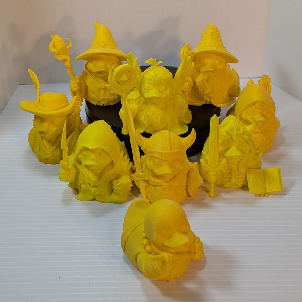 All the various TTRPG ducks; Monk, Rogue, Necromancer, Ranger, Bard, Fighter, Barbarian, Wizard, and Sorcerer.